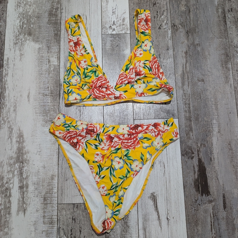 UO Out From Under Floral Yellow Bikini Set High Waisted Sizexl Bottom And L Top